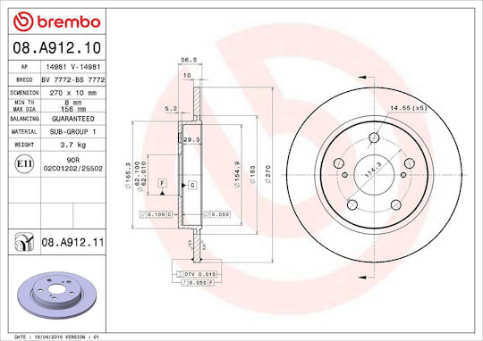 Disc de frână Brembo Toyota Auris Nre15 Zze15 Ade15 Zre15 Nde15 08a91211