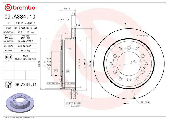 Disc de frână Brembo Toyota Land Cruiser Lj12 Kzj12 Trj12 Kdj12 Grj12 09a33411