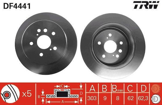 Rear Brake Disc Right Left Trw 303mm 62mm 5 Holes Chery Tiggo Toyota Rav4 Ii 1.6-2.4 05.00-12.14
