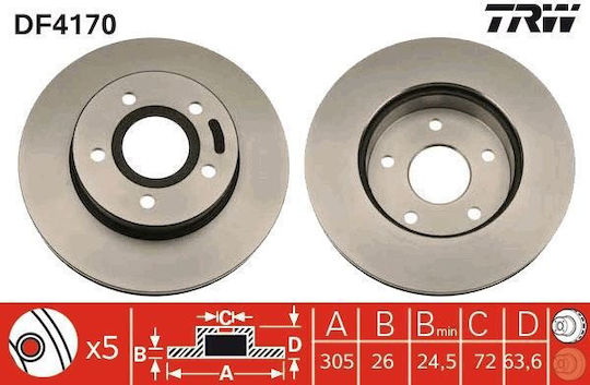 Front Brake Disc Right Left Trw Jeep Cherokee Grand Cherokee II 305mm 5 Holes Ventilated 26mm Thickness 127mm Hole 72mm Centering