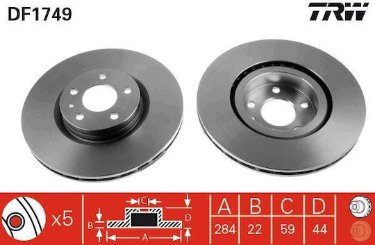 Front Brake Disc Right Left Trw Automotive 284mm 5 Holes Ventilated Alfa Romeo Fiat Lancia Opel