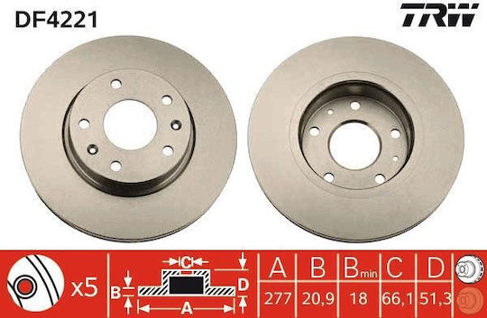 Ventilated Brake Disc Front Right Left Trw Land Rover Freelander 277mm 5 Holes 20.9mm Thickness 02.98-10.06