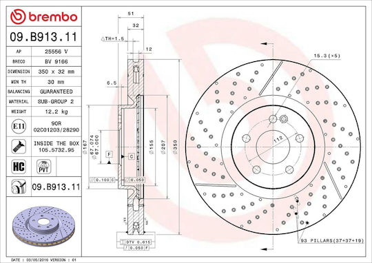 Brembo Brake Disc Front Right Left Mercedes A W176 Cla C117 Gla X156 2.0 Diameter 350mm Thickness 32mm 5 Holes