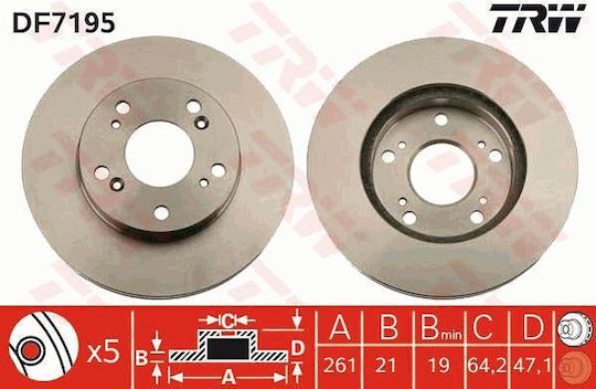 Front Brake Disc Right Left Trw Automotive Acura Rsx Honda Civic Vii Viii Cr-z Integra Stream 262mm 21mm 5 Holes 114.3mm