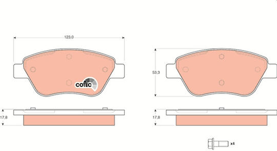 Front Brake Pad Set Trw Automotive for Fiat Siena 1.3/1.6 11.00-12.12 Caliper Bolt Accessories 53.3mm 123.0mm 17.8mm