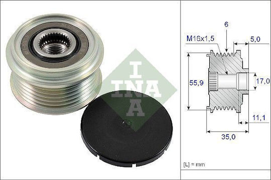 Ina Freewheel System Generator Alternator Pulley for Audi A4 A5 A6 A7 A8 Q5 Q7 Q8 Man Tge Inner Diameter 17 Mm Outer Diameter 55.9 Mm Width 35 Mm 6 Grooves