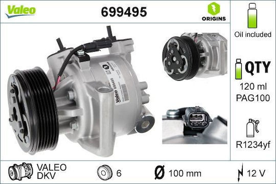 Компресор На Климатик Valeo Dacia Дъстър Логан Сандеро 1.5d 12v R1234yf Dkv09 6 Шлици 110ml Pag100
