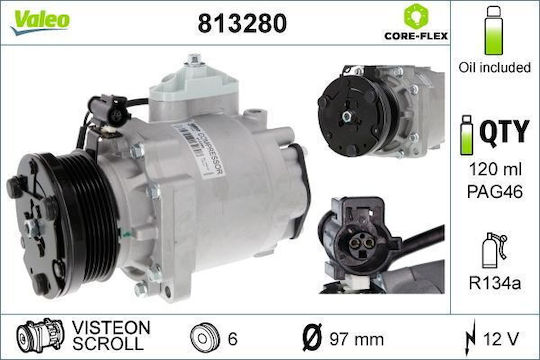 Valeo Klimakompressor Ford Tourneo Transit Connect 1.8d 06.02-12.13 Scroll R134a Seite 46 97mm 6 Rillen 12v 120ml