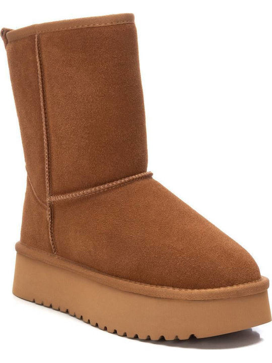 Suede Women's Ankle Boots with Fur Brown