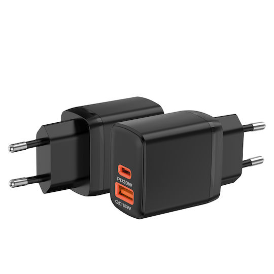 Techsuit Charger Without Cable GaN with USB-A Port and USB-C Port 30W Power Delivery Blacks (CH1)
