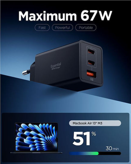 Spigen Φορτιστής Χωρίς Καλώδιο με Θύρα USB-A και 2 Θύρες USB-C 67W Power Delivery Μαύρος (Essential)