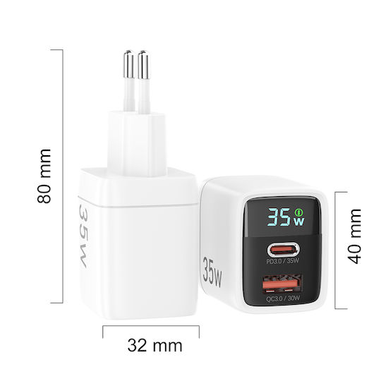 Techsuit Charger Without Cable GaN with USB-A Port and USB-C Port 35W Blacks (CH3)