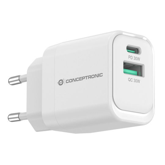 Conceptronic Charger Without Cable GaN with USB-A Port and USB-C Port 33W Power Delivery / Quick Charge 3.0 Whites (ALTHEA19W33)