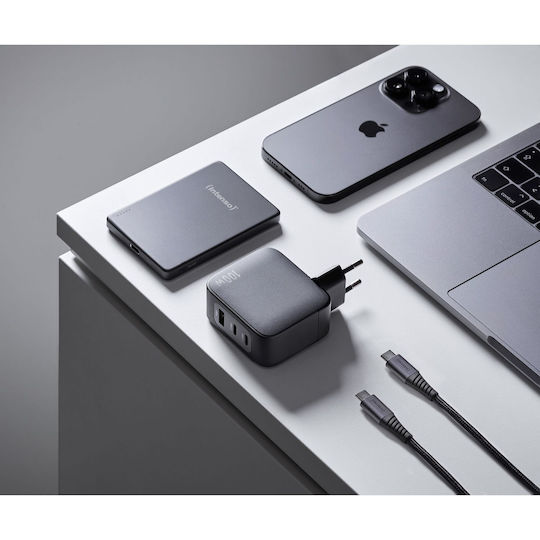 Intenso Φορτιστής GaN με Θύρα USB-A και 2 Θύρες USB-C 100W Power Delivery Μαύρος (7810010)