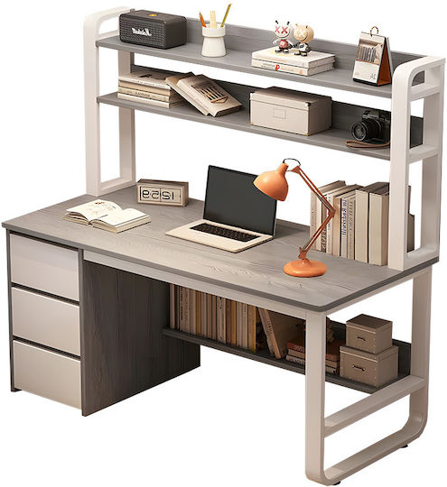 Desk Soco Wooden with Bookshelf Gray / White with Metal Legs 120x50x147cm
