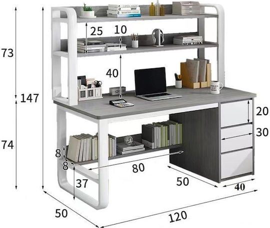 Desk Soco Wooden with Bookshelf Gray / White with Metal Legs 120x50x147cm