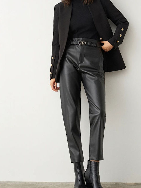Women's High-waisted Fabric Trousers Regular Fit Black