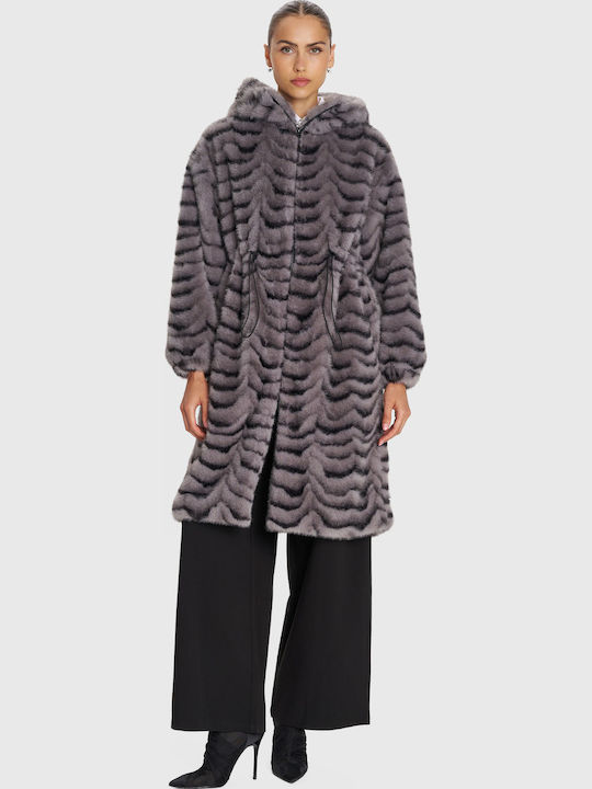 Women's Gray Coat with Fur Details