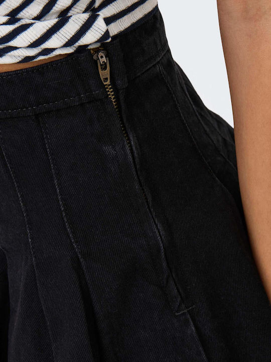 Denim Plissiert Mini Rock Schwarz