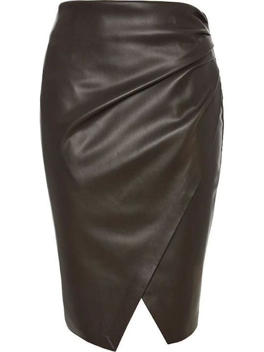 Leder Midi Rock Umschlag Brown