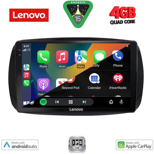Lenovo Car Audio System for Smart ForTwo 2016 (Bluetooth/USB/AUX/WiFi/GPS/Apple-Carplay/Android-Auto) with Touch Screen 9"