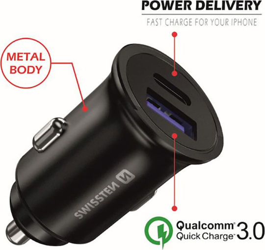 Swissten Зарядно за кола 36W Бързо Зареждане с Портове: 1xUSB 1xType-C Черен Цвят