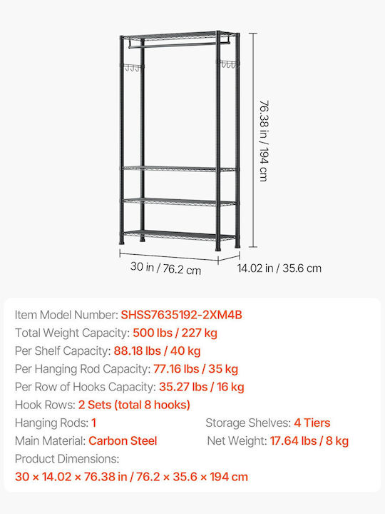 Vevor Floor Garment Rack made of Metal Gray 76.2x35.6x194cm