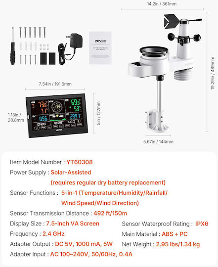 Vevor TYNQXZWIFI75D9JM2001V2 Wireless Digital Weather Station Tabletop