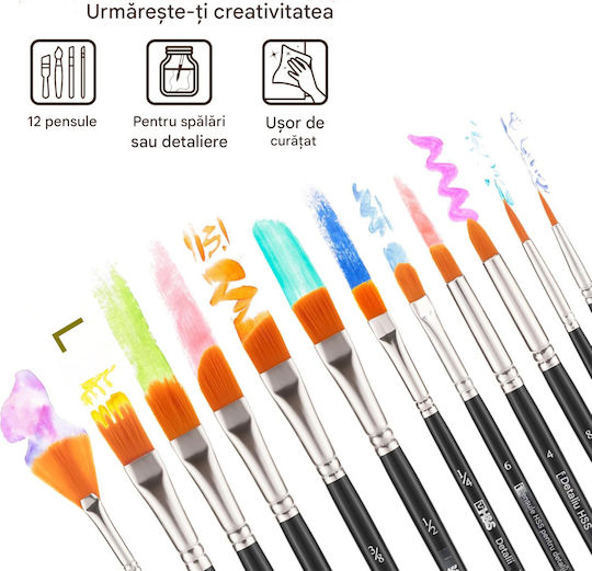 Set 12 Pensule De Pictură Profesionale Mâini Pictură Perii Din Păr Sintetic Acuarelă Acrilic Ulei Negru