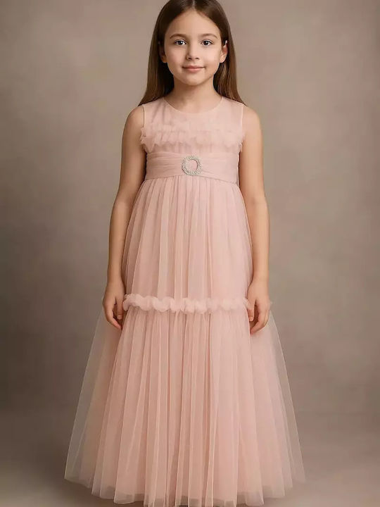 Girls Sleeveless Tulle Dress For Flower Girls Set with Accessories Pink