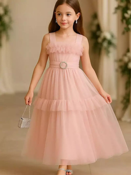 Girls Sleeveless Tulle Dress For Flower Girls Set with Accessories Pink