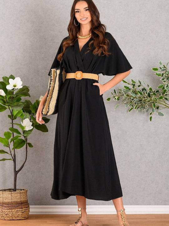 Summer Midi Dress Short Sleeve Wrap Black