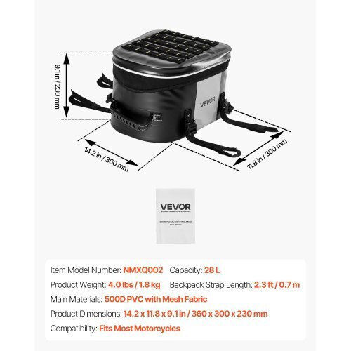 Vevor Σάκος Ουράς Μοτοσυκλέτας Αδιάβροχος 28lt σε Μαύρο Χρώμα