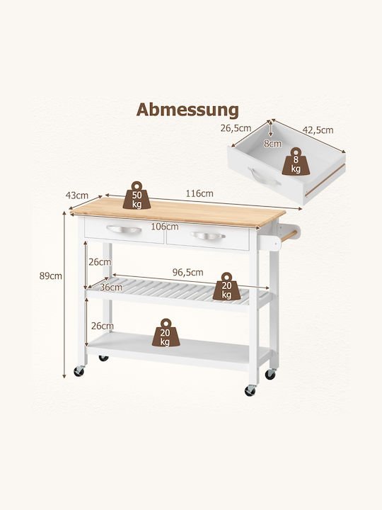 Costway Kitchen Trolley Wooden White