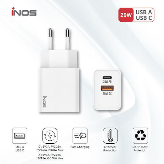 iNOS Charger Without Cable with USB-A Port and USB-C Port 20W Power Delivery / Quick Charge 3.0 Whites
