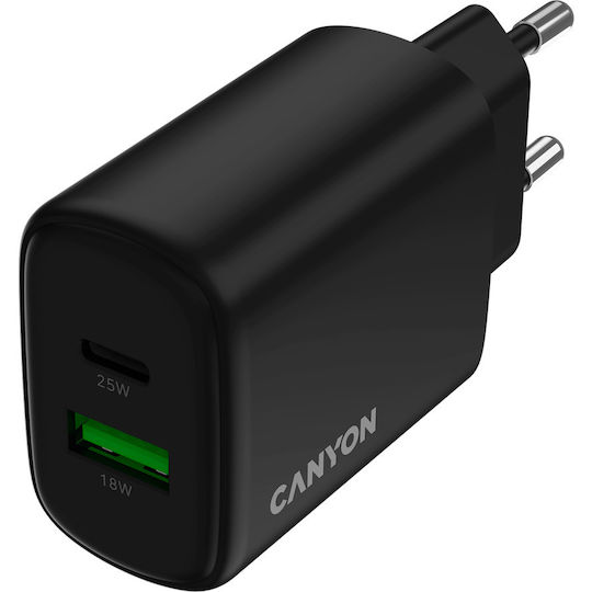 Canyon Φορτιστής με Ενσωματωμένο Καλώδιο με Θύρα USB-A και Θύρα USB-C 25W Power Delivery / Quick Charge 3.0 Μαύρος (OnCharge 250)