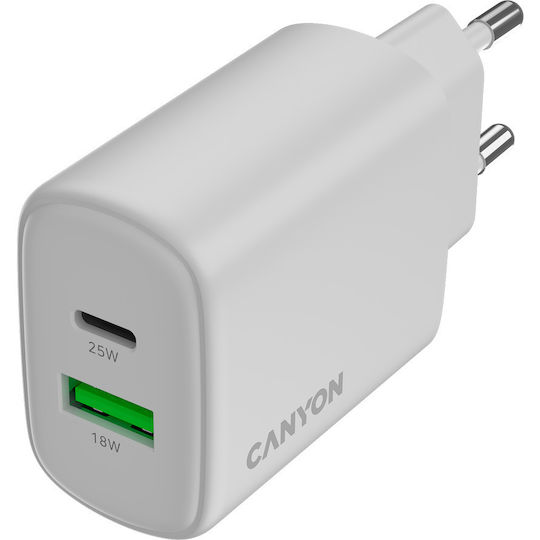 Canyon Ladegerät mit integriertem Kabel mit USB-A Anschluss und USB-C Anschluss 25W Stromlieferung / Schnellaufladung 3.0 Weißs (OnCharge 250)