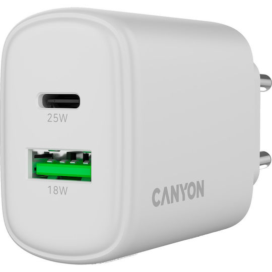 Canyon Ladegerät mit integriertem Kabel mit USB-A Anschluss und USB-C Anschluss 25W Stromlieferung / Schnellaufladung 3.0 Weißs (OnCharge 250)