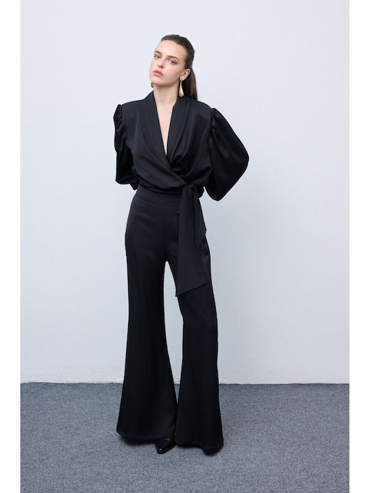Women's Satin Long Sleeve Shirt Black