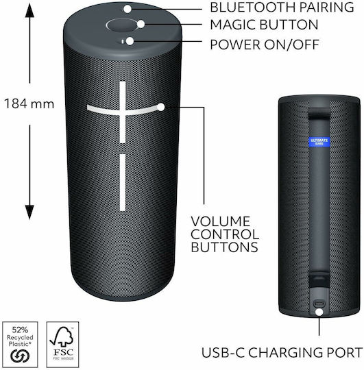 Ultimate Ears Boom 4 Ηχείο Bluetooth με Διάρκεια Μπαταρίας έως 15 ώρες Μαύρο