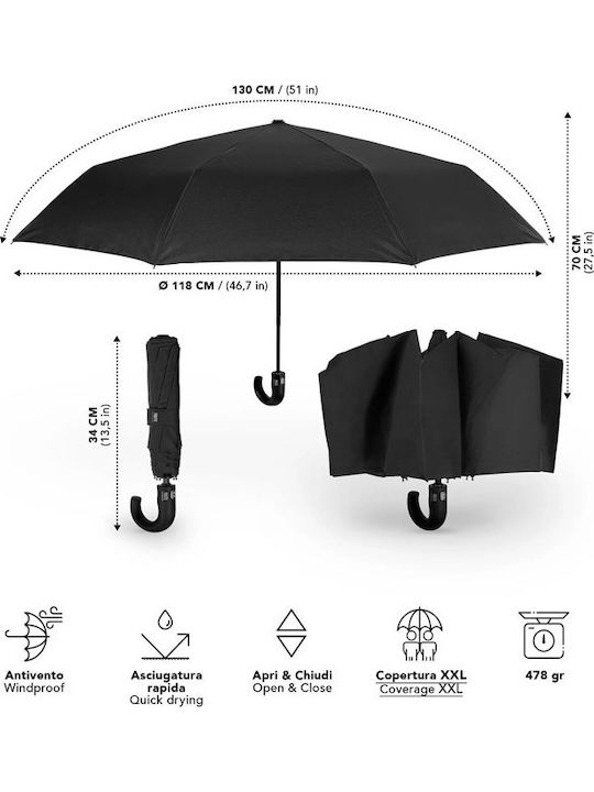 Perletti Rezistent la vânt Automat Umbrelă de ploaie Compact Neagră