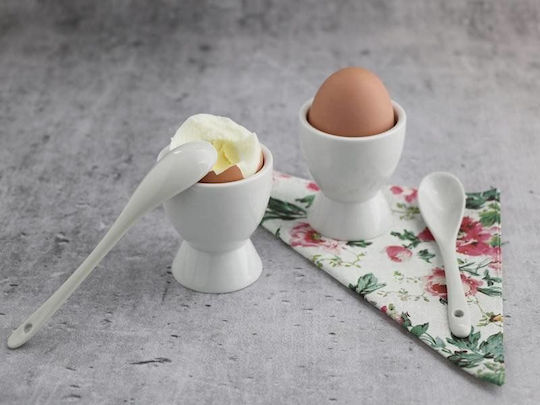 Set 2 Orion Egg Holders Spoons Ceramic White