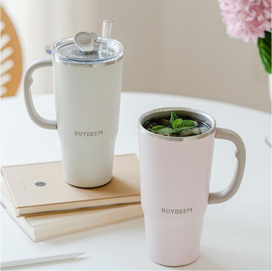 Buydeem Ποτήρι Θερμός Πλαστικό 700ml White με Καλαμάκι
