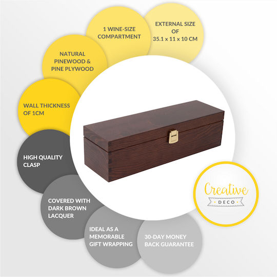 Creative Deco Brown Lacquered Wine Box for 1 Bottle 35.1 x 11 x 10 cm Lid Lock Perfect Wine Storage Gift Decoration Decoupage Personalization