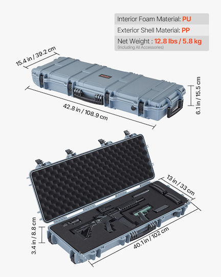 Vevor Hard Weapon Case Locked Weapon Case Streamlined Foam Materials Weapon Storage 1016 Mm Wheels Ip67 Waterproof & Dust Resistant Portable Large Storage Pistol Shotguns Hunting Guns Air Guns Gray