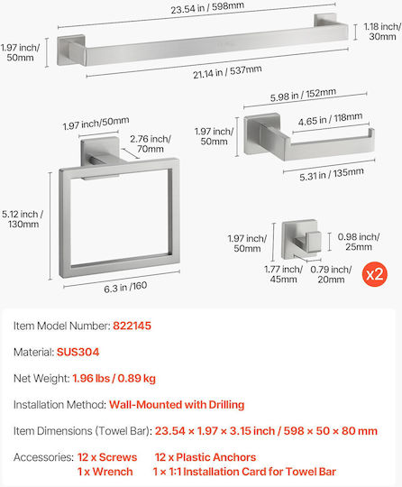 Vevor Bathroom Accessories Set Brushed Nickel 5 Piece Bathroom Accessory Set Stainless Steel 24 Inch 61.0 Cm Towel Bar Towel Shelf 2 Robe Hooks Towel Hooks Toilet Paper Holder Bathroom Wall-Mounted
