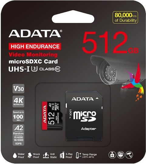 Adata High Endurance microSDXC 512GB U3 V30 A2 UHS-I 100MB/s with Adapter