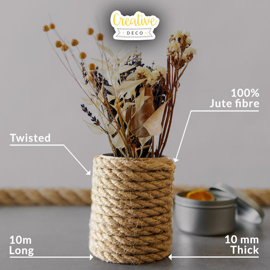 Creative Deco Lina Jute 10m Length 10mm Thickness Strong Durable Rope Twisted Natural Brown Color Ideal Garden Interior Decoration Art Projects Crafts
