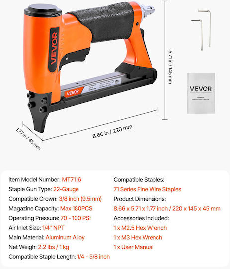 Vevor Πνευματικό Καρφωτικό 22 Gauge 71 Σειράς 3/8'' Στέμμα Μήκος 6-16mm Ελαφρύ Πολυχρηστικό Bcgdsddq22ganmtje001v0