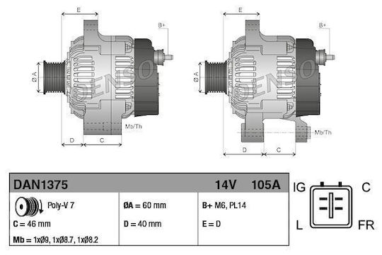 Denso Car Alternator 14V 105A Honda Accord VII Civic VIII CR-V III 1.8 2.0 2.4 02.03 60mm 7 Ribs